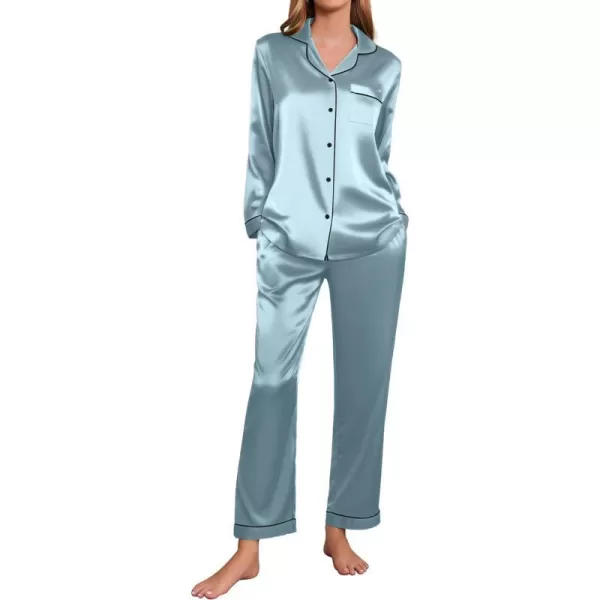 Ekouaer Silk Pajamas Womens Long Sleeve Sleepwear Satin Soft Button Down Loungewear Pjs Set SXXLLight Gray Blue