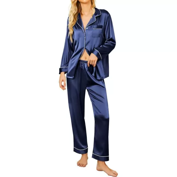 Ekouaer Silk Pajamas Womens Long Sleeve Sleepwear Satin Soft Button Down Loungewear Pjs Set SXXLNavy