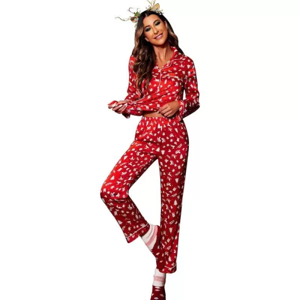 Ekouaer Silk Pajamas Womens Long Sleeve Sleepwear Satin Soft Button Down Loungewear Pjs Set SXXLPat5christmas Red