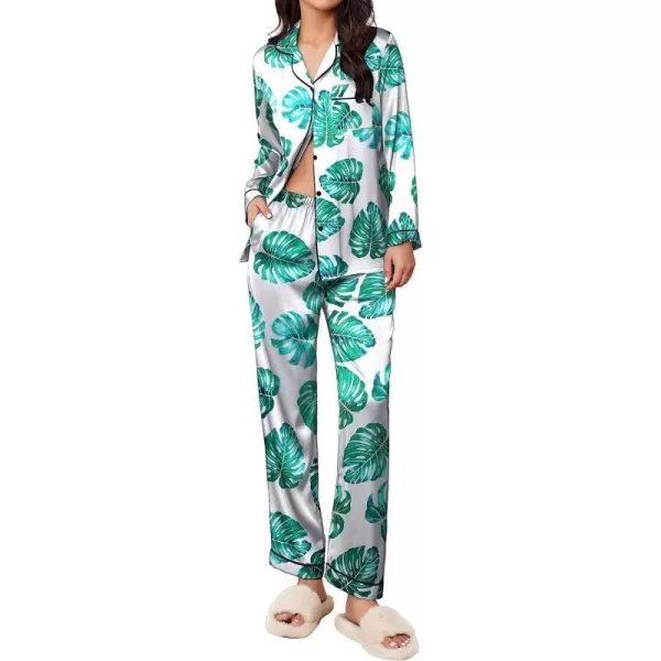 Ekouaer Silk Pajamas Womens Long Sleeve Sleepwear Satin Soft Button Down Loungewear Pjs Set SXXLPattern 16