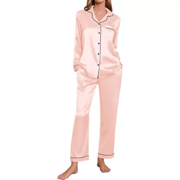 Ekouaer Silk Pajamas Womens Long Sleeve Sleepwear Satin Soft Button Down Loungewear Pjs Set SXXLPink