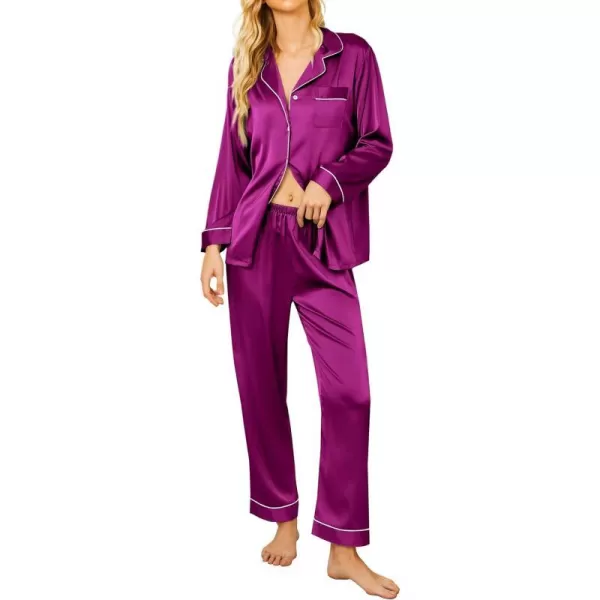 Ekouaer Silk Pajamas Womens Long Sleeve Sleepwear Satin Soft Button Down Loungewear Pjs Set SXXLPitaya Purple