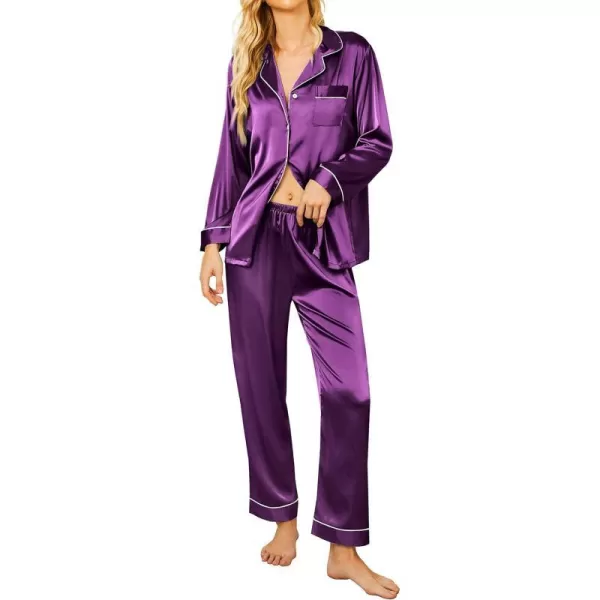 Ekouaer Silk Pajamas Womens Long Sleeve Sleepwear Satin Soft Button Down Loungewear Pjs Set SXXLPurple