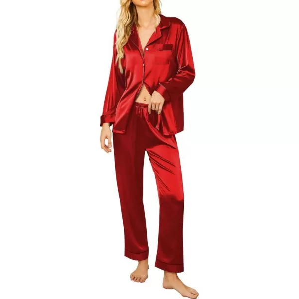 Ekouaer Silk Pajamas Womens Long Sleeve Sleepwear Satin Soft Button Down Loungewear Pjs Set SXXLRed