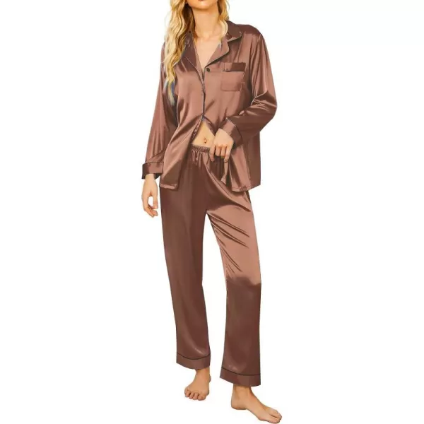 Ekouaer Silk Pajamas Womens Long Sleeve Sleepwear Satin Soft Button Down Loungewear Pjs Set SXXLRed Brown