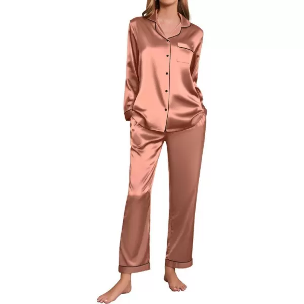 Ekouaer Silk Pajamas Womens Long Sleeve Sleepwear Satin Soft Button Down Loungewear Pjs Set SXXLRose Golden