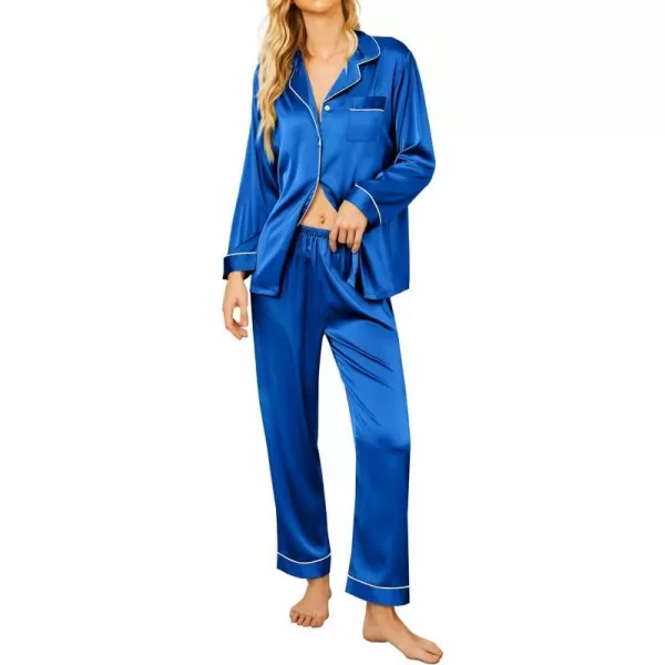 Ekouaer Silk Pajamas Womens Long Sleeve Sleepwear Satin Soft Button Down Loungewear Pjs Set SXXLRoyal Blue