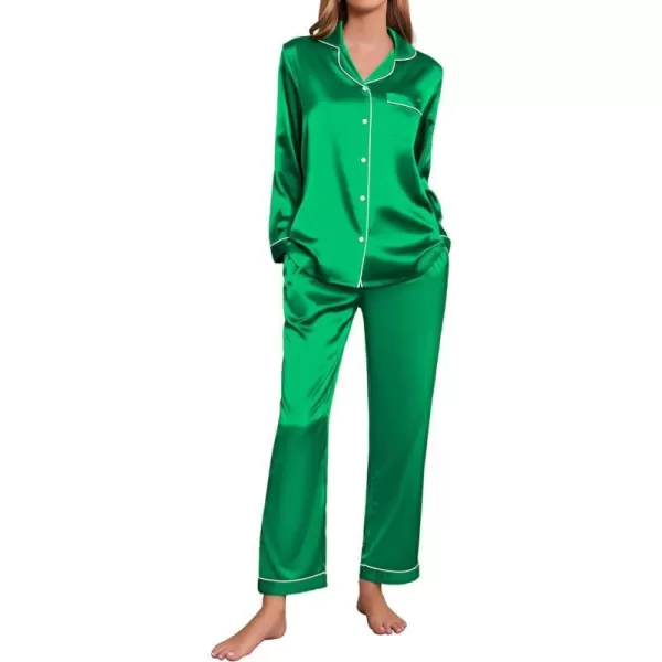 Ekouaer Silk Pajamas Womens Long Sleeve Sleepwear Satin Soft Button Down Loungewear Pjs Set SXXLShamrock Green