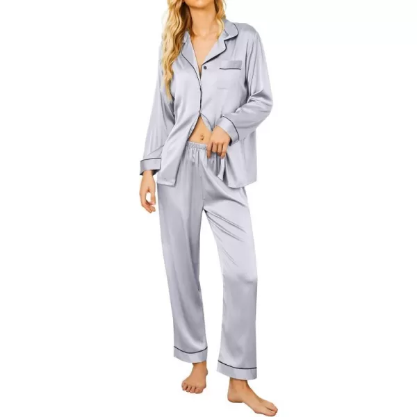 Ekouaer Silk Pajamas Womens Long Sleeve Sleepwear Satin Soft Button Down Loungewear Pjs Set SXXLSilver