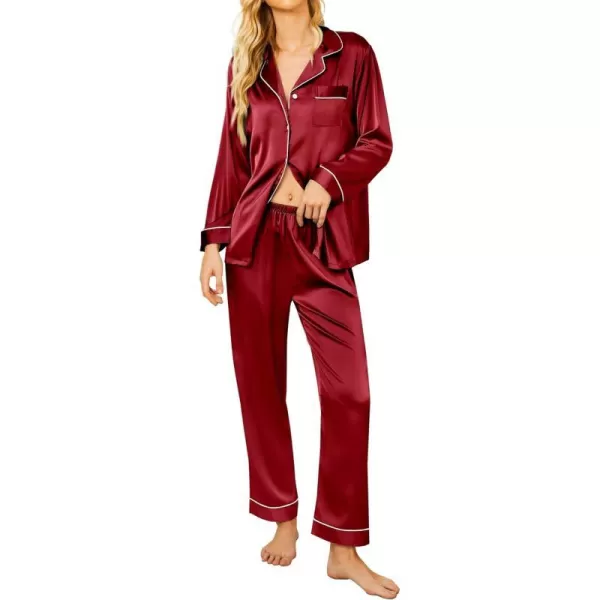 Ekouaer Silk Pajamas Womens Long Sleeve Sleepwear Satin Soft Button Down Loungewear Pjs Set SXXLWine