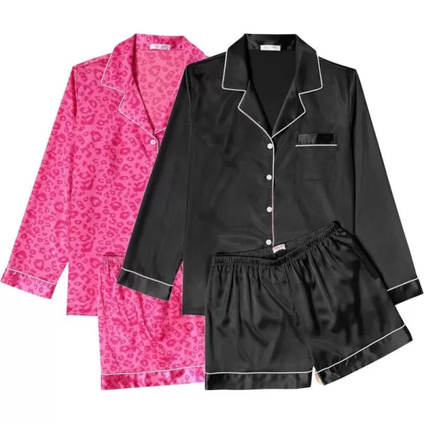 Ekouaer Silk Pajamas Womens Long Sleeve Sleepwear Soft Satin Button Down Loungewear 2 Piece Pjs Shorts Set SXXL2pack Blackhot Pink