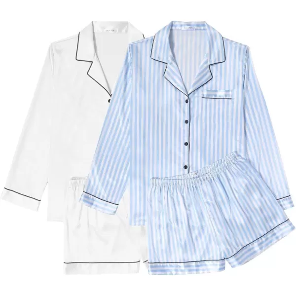 Ekouaer Silk Pajamas Womens Long Sleeve Sleepwear Soft Satin Button Down Loungewear 2 Piece Pjs Shorts Set SXXL2pack Whiteblue Stripe