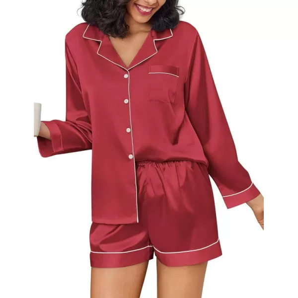 Ekouaer Silk Pajamas Womens Long Sleeve Sleepwear Soft Satin Button Down Loungewear 2 Piece Pjs Shorts Set SXXLWine Red