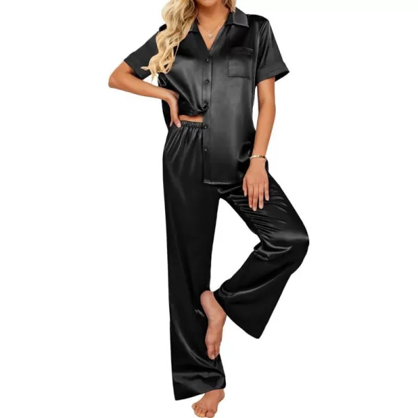 Ekouaer Silk Pajamas Womens Satin Button Down Shirts Pjs Wide Leg Long Pants Sleepwear 2 Piece Lounge Set with PocketsBlack