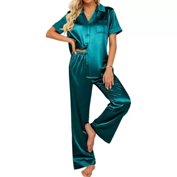 Ekouaer Silk Pajamas Womens Satin Button Down Shirts Pjs Wide Leg Long Pants Sleepwear 2 Piece Lounge Set with PocketsBlue Green