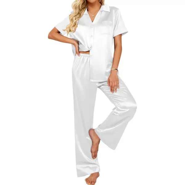 Ekouaer Silk Pajamas Womens Satin Button Down Shirts Pjs Wide Leg Long Pants Sleepwear 2 Piece Lounge Set with PocketsWhite