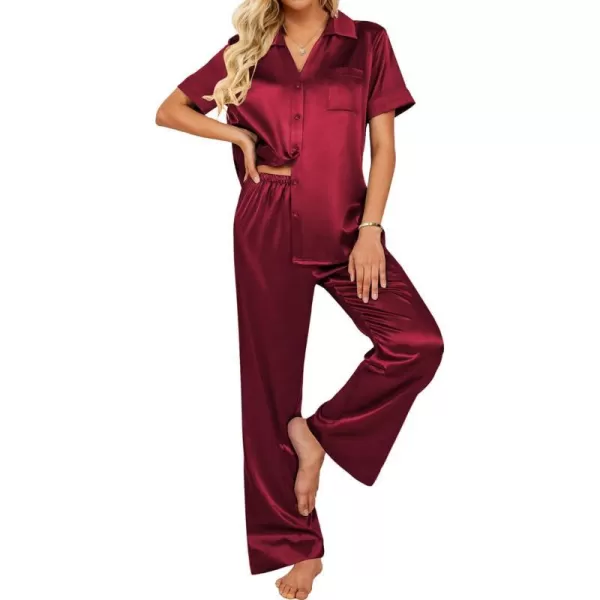 Ekouaer Silk Pajamas Womens Satin Button Down Shirts Pjs Wide Leg Long Pants Sleepwear 2 Piece Lounge Set with PocketsWine Red