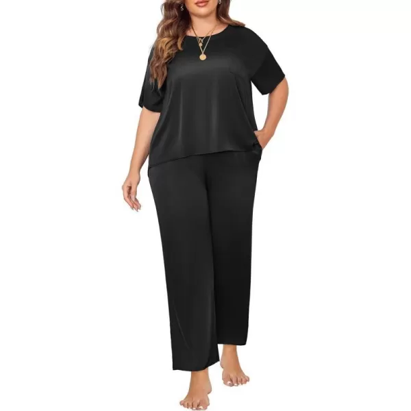 Ekouaer Silk Pajamas Womens Short Sleeve Sleepwear Soft Satin Long Pant Set Loungewear 2 Piece Print Pjs SetPlus Size Black