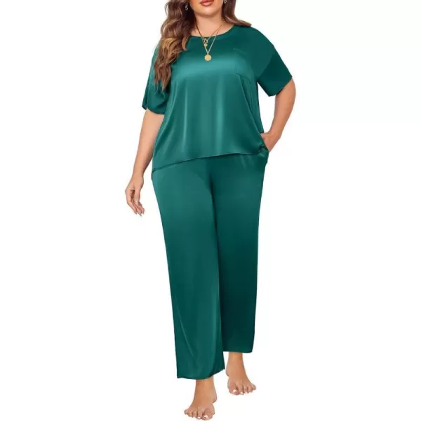 Ekouaer Silk Pajamas Womens Short Sleeve Sleepwear Soft Satin Long Pant Set Loungewear 2 Piece Print Pjs SetPlus Size Green