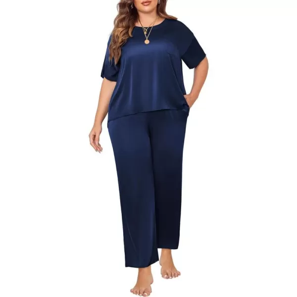 Ekouaer Silk Pajamas Womens Short Sleeve Sleepwear Soft Satin Long Pant Set Loungewear 2 Piece Print Pjs SetPlus Size Navy Blue