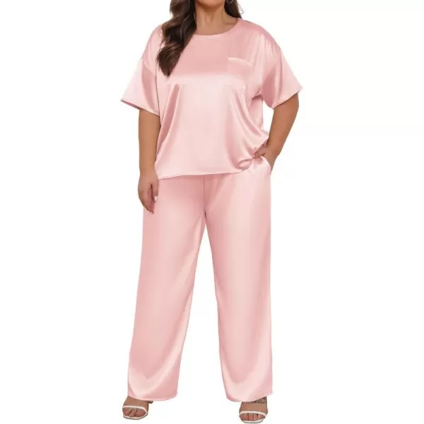 Ekouaer Silk Pajamas Womens Short Sleeve Sleepwear Soft Satin Long Pant Set Loungewear 2 Piece Print Pjs SetPlus Size Pink