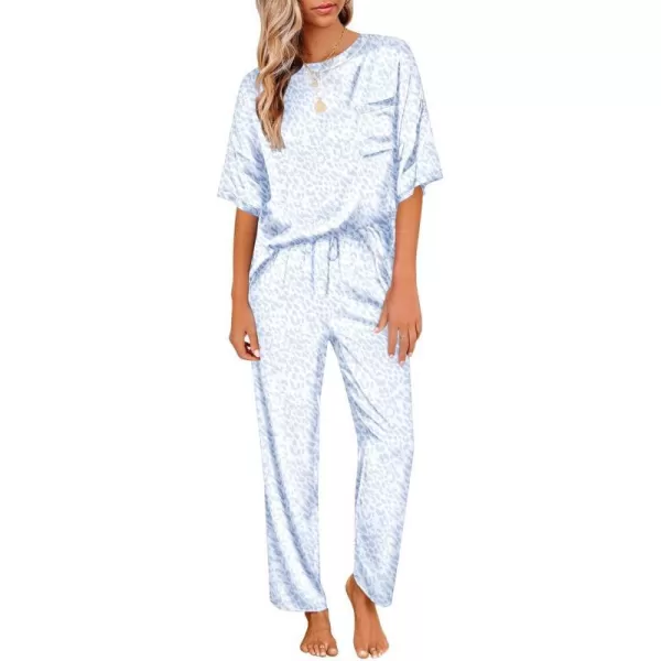 Ekouaer Silk Pajamas Womens Short Sleeve Sleepwear Soft Satin Long Pant Set Loungewear 2 Piece Print Pjs SetStandard Blue Leopard