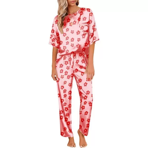 Ekouaer Silk Pajamas Womens Short Sleeve Sleepwear Soft Satin Long Pant Set Loungewear 2 Piece Print Pjs SetStandard Flower