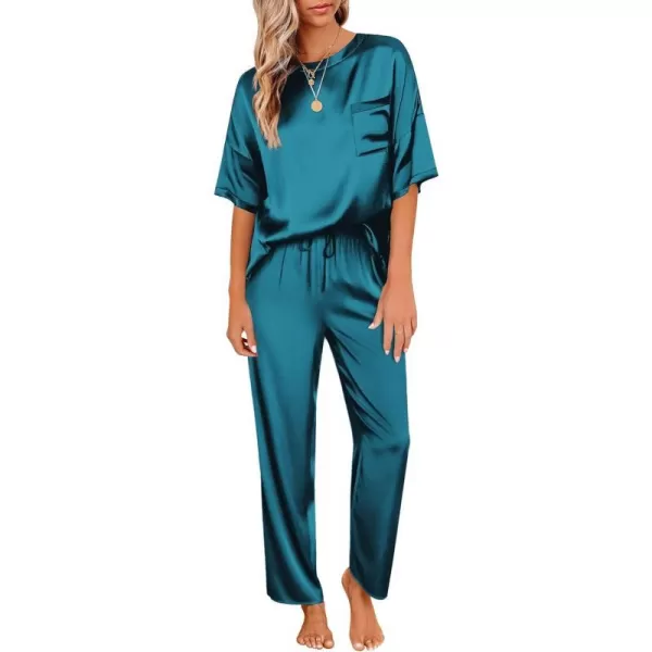 Ekouaer Silk Pajamas Womens Short Sleeve Sleepwear Soft Satin Long Pant Set Loungewear 2 Piece Print Pjs SetStandard Green