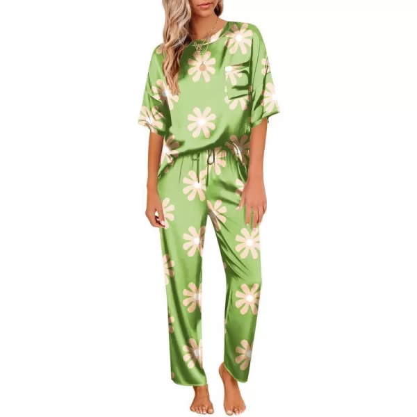 Ekouaer Silk Pajamas Womens Short Sleeve Sleepwear Soft Satin Long Pant Set Loungewear 2 Piece Print Pjs SetStandard Green Flower