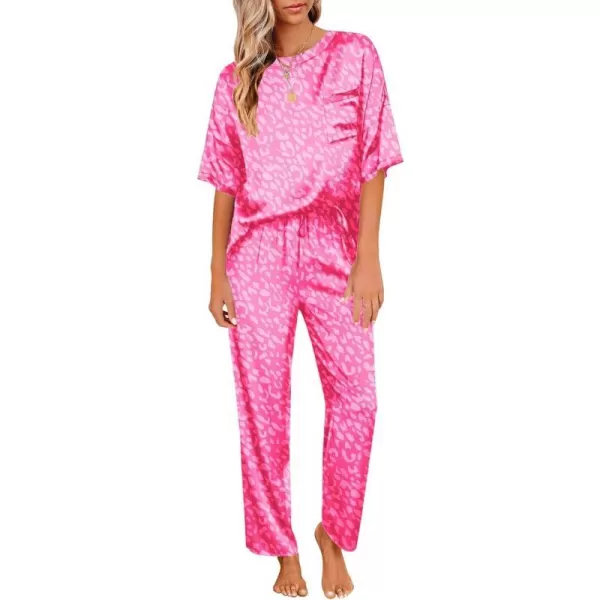 Ekouaer Silk Pajamas Womens Short Sleeve Sleepwear Soft Satin Long Pant Set Loungewear 2 Piece Print Pjs SetStandard Hot Pink Leopard