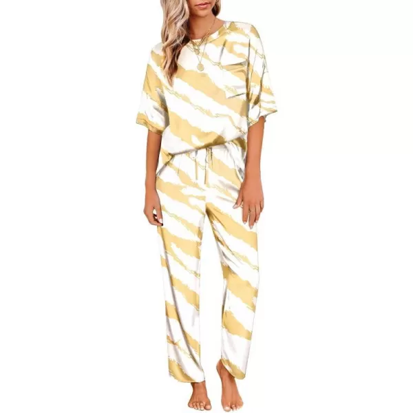 Ekouaer Silk Pajamas Womens Short Sleeve Sleepwear Soft Satin Long Pant Set Loungewear 2 Piece Print Pjs SetStandard Yellow Print