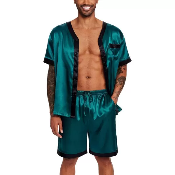 Ekouaer Silk Pajamas for Men Satin Pajama Shorts 2 Piece Button Down Pj Set V Neck Sleepwear Loungewear with Pockets SXXLDark Green