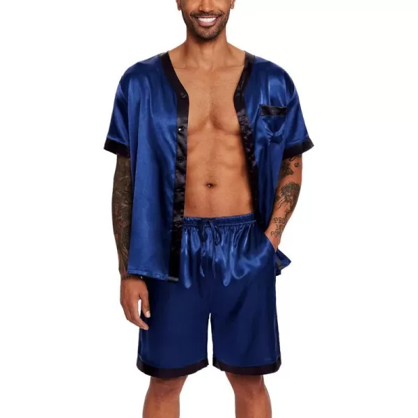 Ekouaer Silk Pajamas for Men Satin Pajama Shorts 2 Piece Button Down Pj Set V Neck Sleepwear Loungewear with Pockets SXXLNavy Blue