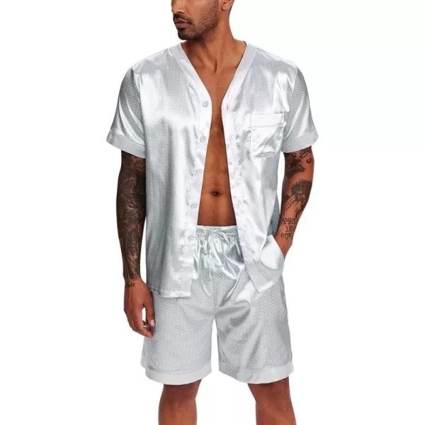 Ekouaer Silk Pajamas for Men Satin Pajama Shorts 2 Piece Button Down Pj Set V Neck Sleepwear Loungewear with Pockets SXXLPat1silver