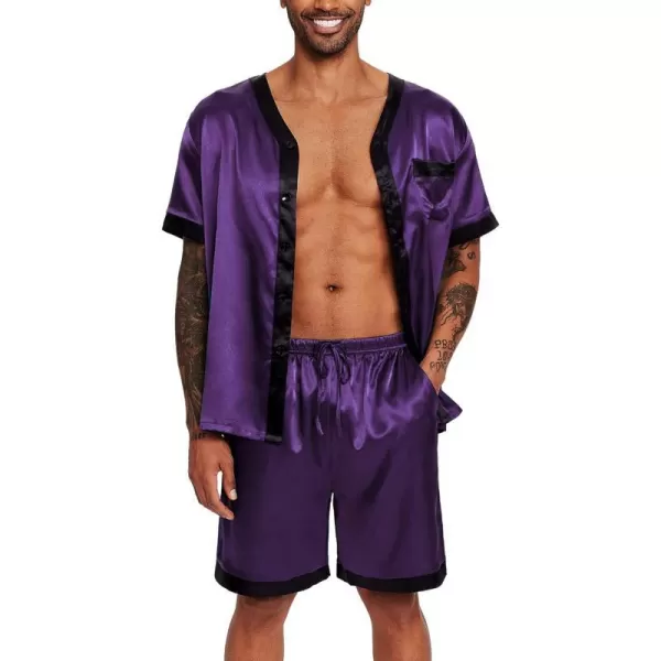 Ekouaer Silk Pajamas for Men Satin Pajama Shorts 2 Piece Button Down Pj Set V Neck Sleepwear Loungewear with Pockets SXXLPurple