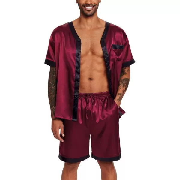 Ekouaer Silk Pajamas for Men Satin Pajama Shorts 2 Piece Button Down Pj Set V Neck Sleepwear Loungewear with Pockets SXXLWine Red