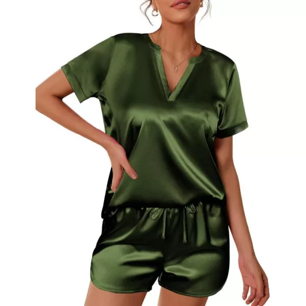 Ekouaer Silk Pajamas for Women Short Sleeve Sleepwear Twopiece Pjs Set Soft V Neck Loungewear Tops with Pj Shorts SXXLArmy Green