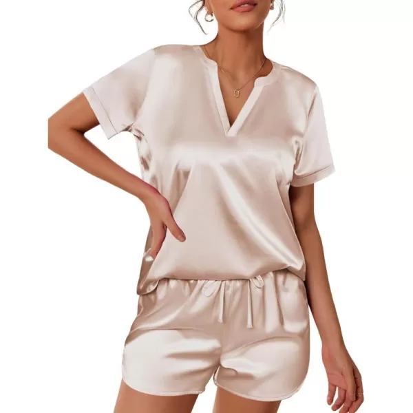 Ekouaer Silk Pajamas for Women Short Sleeve Sleepwear Twopiece Pjs Set Soft V Neck Loungewear Tops with Pj Shorts SXXLChampagne