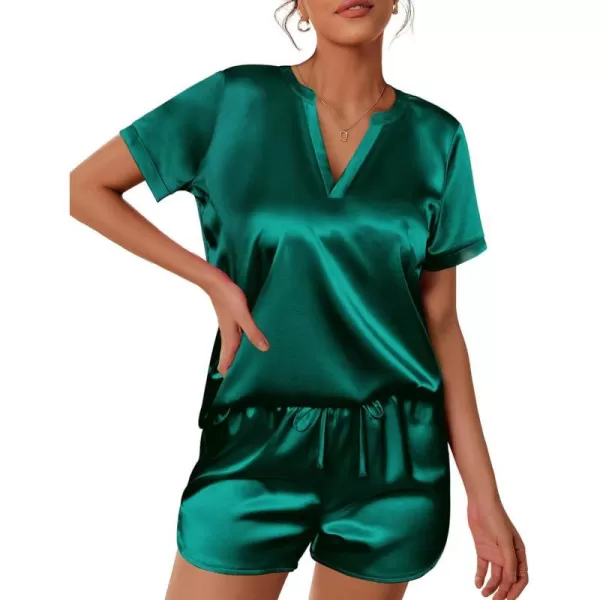 Ekouaer Silk Pajamas for Women Short Sleeve Sleepwear Twopiece Pjs Set Soft V Neck Loungewear Tops with Pj Shorts SXXLDark Green