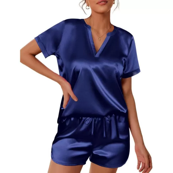 Ekouaer Silk Pajamas for Women Short Sleeve Sleepwear Twopiece Pjs Set Soft V Neck Loungewear Tops with Pj Shorts SXXLNavy Blue