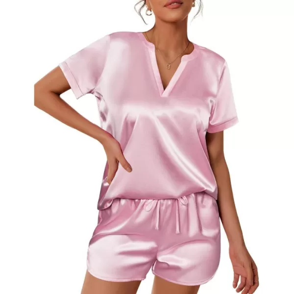 Ekouaer Silk Pajamas for Women Short Sleeve Sleepwear Twopiece Pjs Set Soft V Neck Loungewear Tops with Pj Shorts SXXLPink