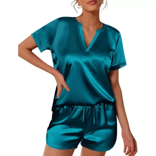 Ekouaer Silk Pajamas for Women Short Sleeve Sleepwear Twopiece Pjs Set Soft V Neck Loungewear Tops with Pj Shorts SXXLTeal Blue