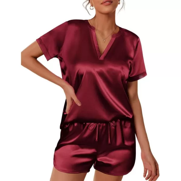 Ekouaer Silk Pajamas for Women Short Sleeve Sleepwear Twopiece Pjs Set Soft V Neck Loungewear Tops with Pj Shorts SXXLWine Red