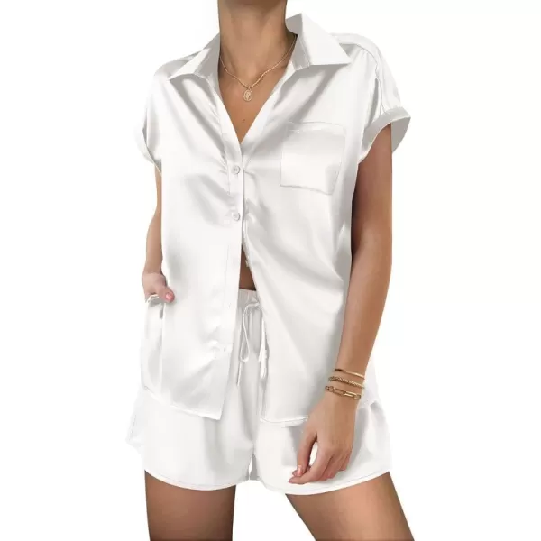 Ekouaer Silk Pajamas for Women Soft Short Sleeve Sleepewear Button Down Satin Top and Shorts 2 Piece Lounge Set OutfitsWhite