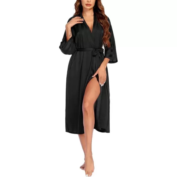 Ekouaer Silk Robes for Women Long Kimono Bridesmaid Dressing Gown Vneck Satin BathrobesBlack