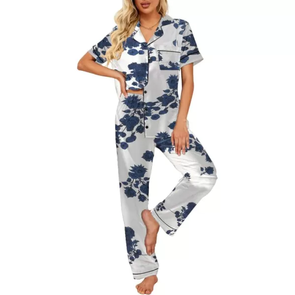 Ekouaer Silk Satin Pajamas Set Women Short Sleeve Sleepwear Soft Button Down Loungewear Pjs SetBlue Flower