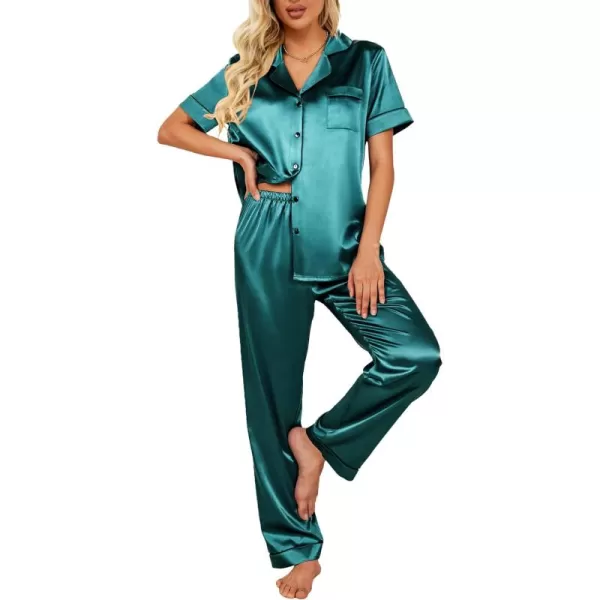 Ekouaer Silk Satin Pajamas Set Women Short Sleeve Sleepwear Soft Button Down Loungewear Pjs SetBlue Green