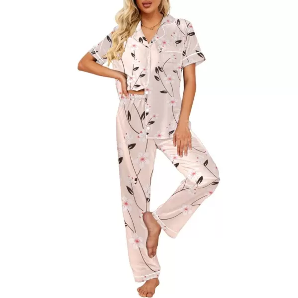 Ekouaer Silk Satin Pajamas Set Women Short Sleeve Sleepwear Soft Button Down Loungewear Pjs SetBrown Flower