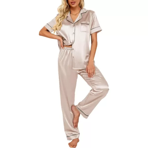 Ekouaer Silk Satin Pajamas Set Women Short Sleeve Sleepwear Soft Button Down Loungewear Pjs SetChampagne