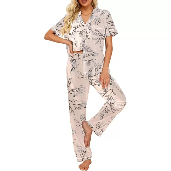 Ekouaer Silk Satin Pajamas Set Women Short Sleeve Sleepwear Soft Button Down Loungewear Pjs SetChampagne Flower